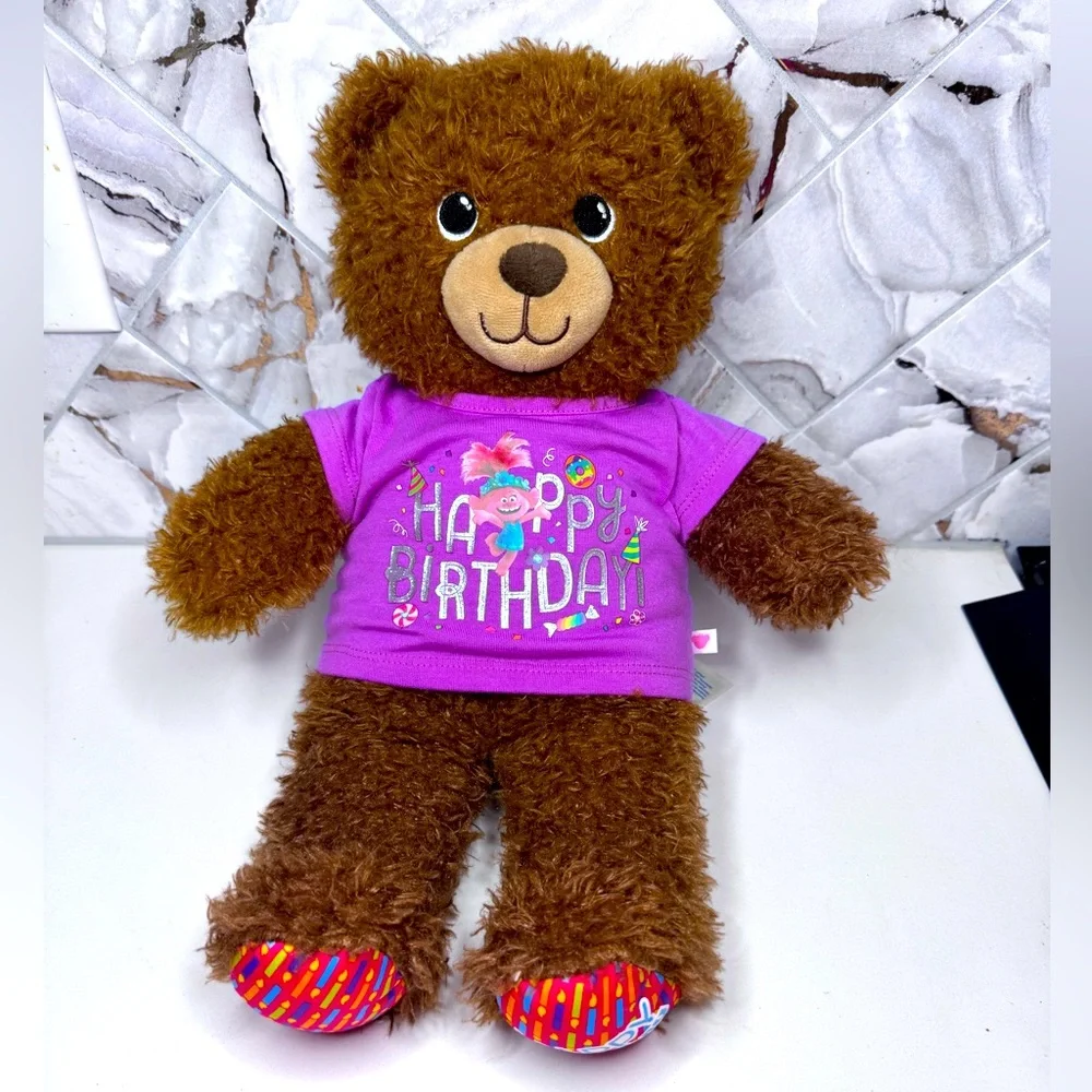 Build-A-Bear Happy Birthday Bear Stuffed Animal Plush Trolls‎ HBD Shirt BAB EUC